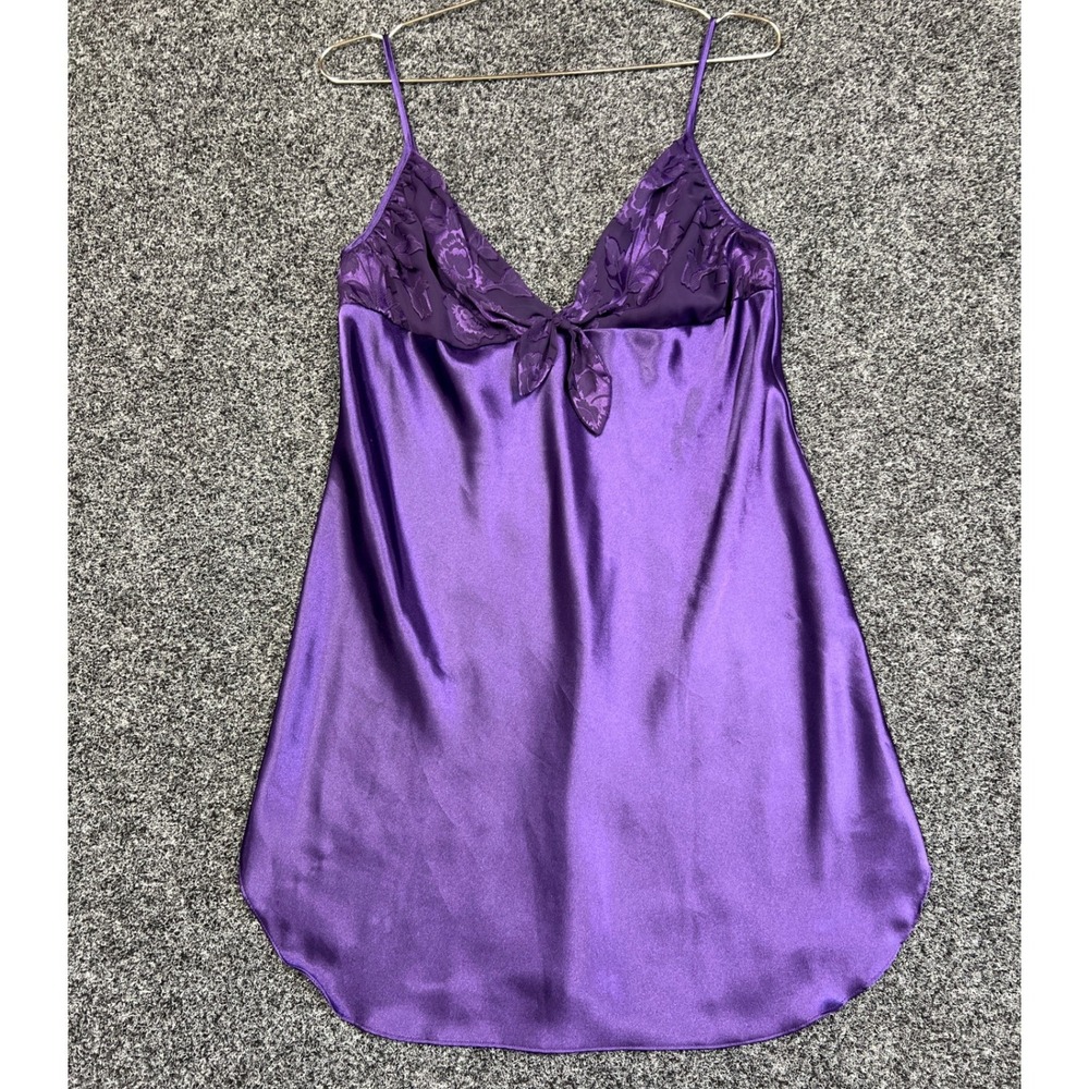 L.A. Intimates Vintage Purple Satin Chemise Slip Dress Floral Tie Front Large